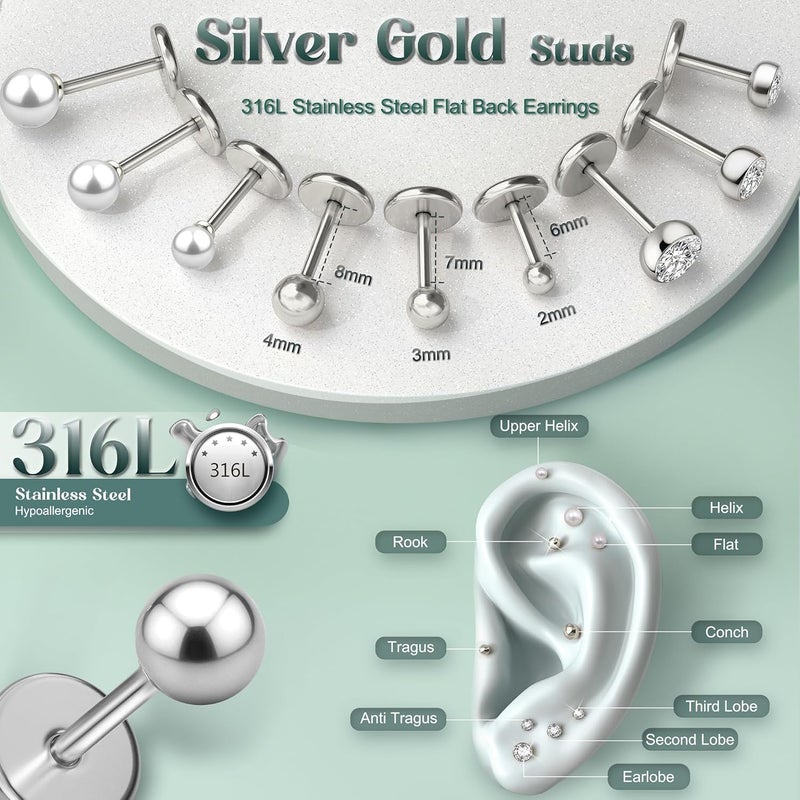 GEMQUEEN Flat Back Earrings Stud : 14K Gold Filled Titanium Surgical Steel Earrings Hypoallergenic for Women Men 16G 18G Cartilage Helix Tragus Conch Medusa Piercing Jewelry Dainty Earring Set 3 Pairs - Image 1